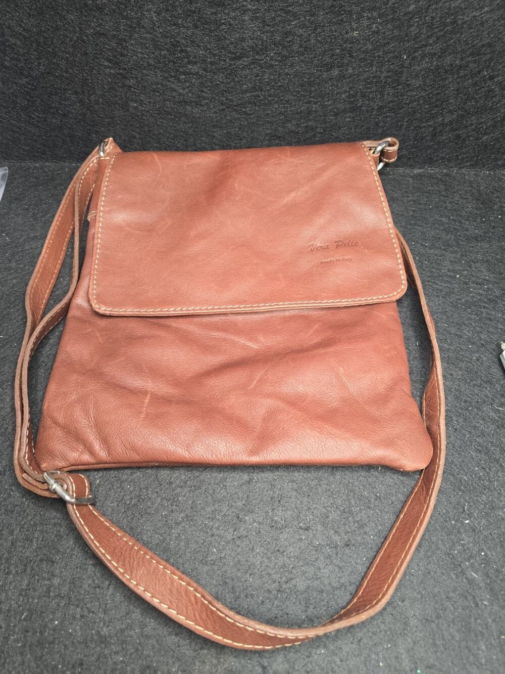 Vera Pelle Italian Leather Crossbody Bag Brown Slim Flap Messenger 9.5" x 11"